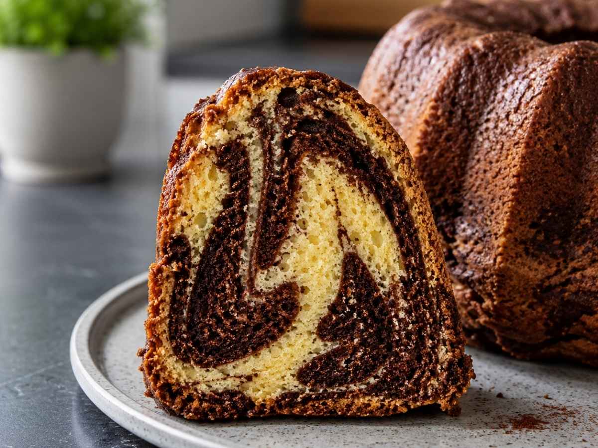 Nahaufnahme einer Scheibe veganer Marmorkuchen mit Schokoladenmarmorierung