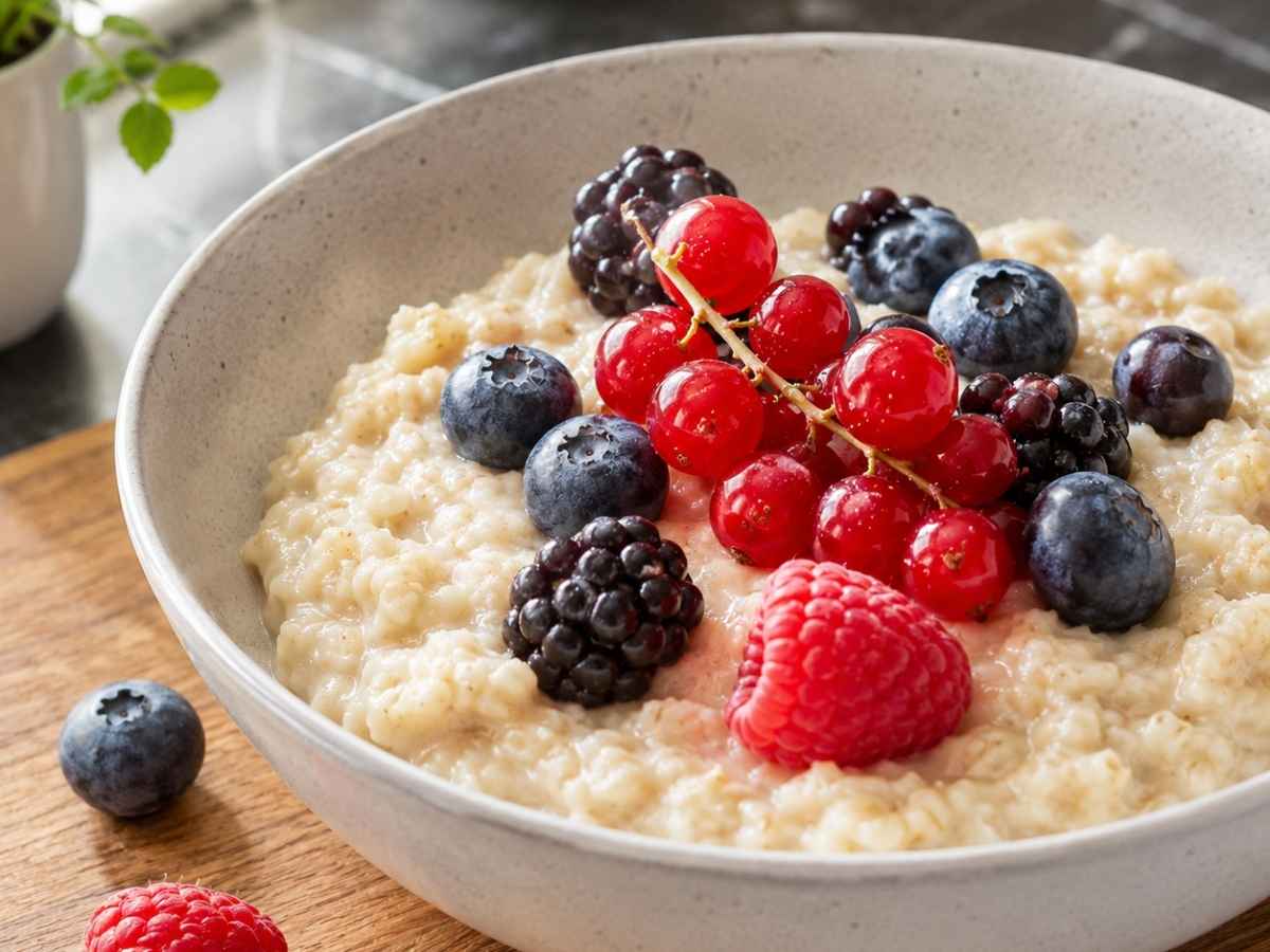 Nahaufnahme von cremigem Apfel-Porridge mit sichtbaren Haferflocken und frischen Beeren