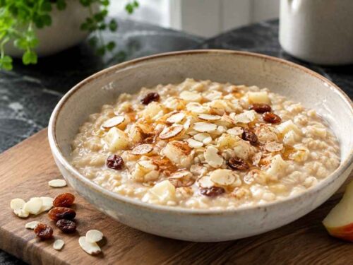 Zwei Schalen cremiges Apfel-Zimt-Porridge mit Sultaninen, bestreut mit Mandelblättchen und Honig