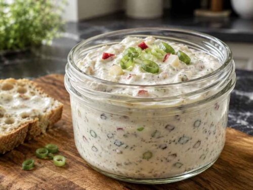 Apfel-Zwiebel-Aufstrich cremig angerichtet auf dunklem Bauernbrot