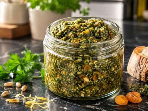 Aprikosen-Gremolata in einer Schüssel neben gegrilltem Spargel auf einem Holztisch