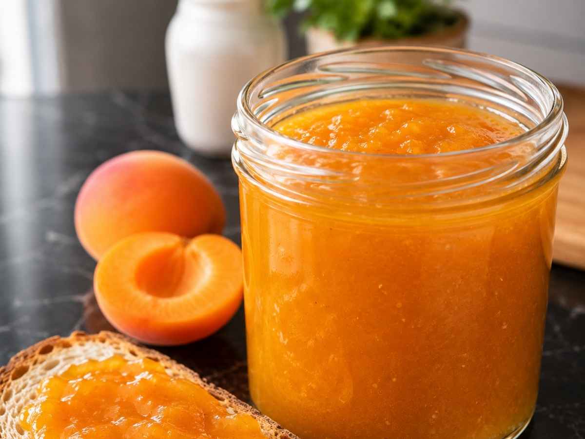 Nahaufnahme Aprikosen-Passionsfrucht-Konfitüre auf frischem Vollkornbrötchen