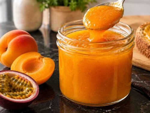 Zwei Gläser Aprikosen-Passionsfrucht-Konfitüre auf Holztisch
