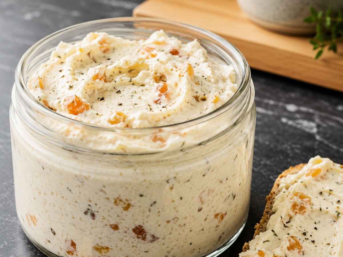 Nahaufnahme von Aprikosenfrischkäse mit sichtbaren Aprikosenstückchen und cremiger Konsistenz