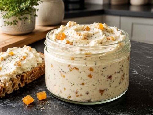 Aprikosenfrischkäse als cremiger Dip in einer Schale, serviert mit Baguette und Gemüsesticks