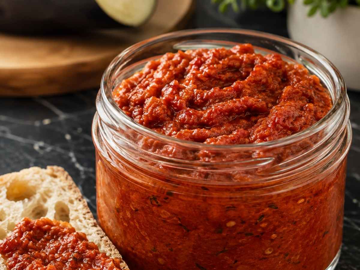 Nahaufnahme der cremigen Konsistenz von Auberginen-Tomaten-Aufstrich
