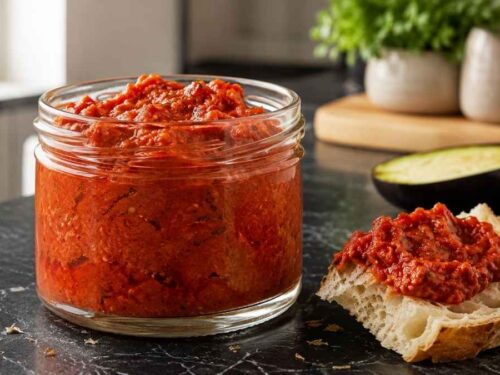 Auberginen-Tomaten-Aufstrich in einem Glas neben frischem Baguette