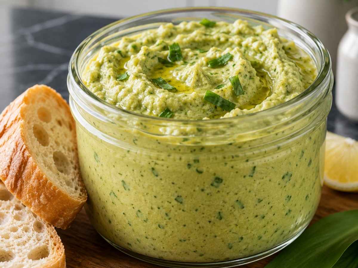 Bärlauch-Hummus 2 Cremiger Bärlauch-Hummus in Nahaufnahme mit Olivenöl beträufelt