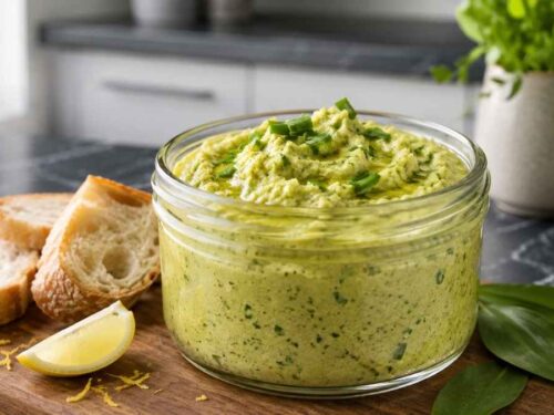 Bärlauch-Hummus in Schüssel mit Baguettescheiben und frischem Bärlauch