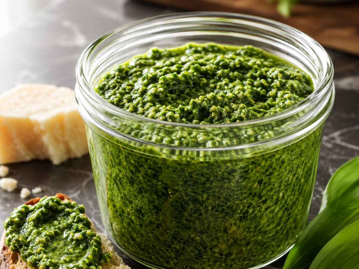 Nahaufnahme von cremigem Bärlauch-Walnuss-Pesto auf einem Löffel