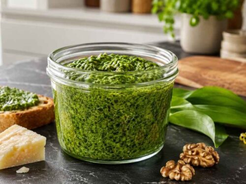 Bärlauch-Walnuss-Pesto in einer Schüssel mit Tagliatelle und frischen Bärlauchblättern