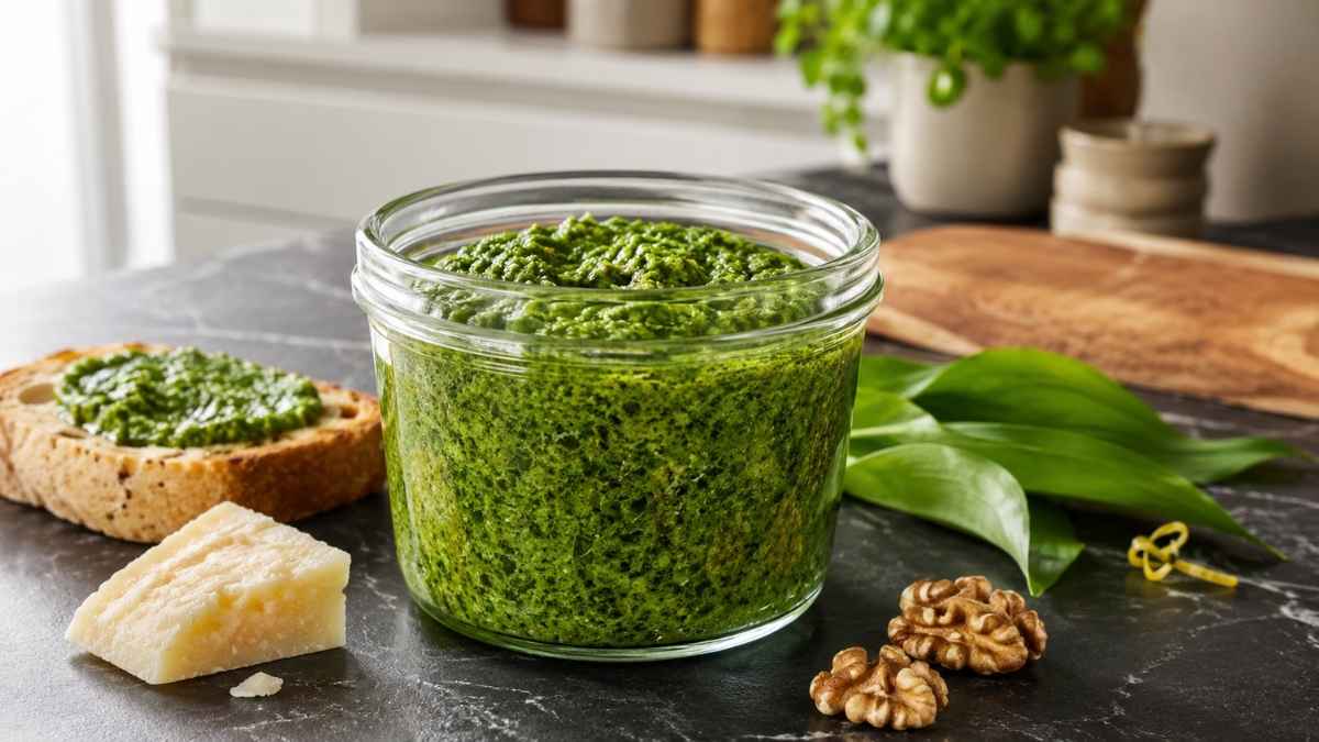Bärlauch-Walnuss-Pesto in einer Schüssel mit Tagliatelle und frischen Bärlauchblättern