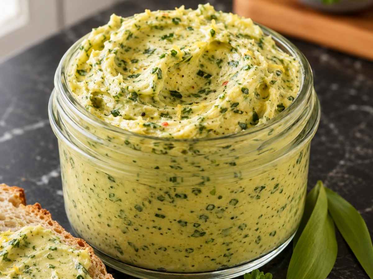 Nahaufnahme von Bärlauchbutter mit sichtbaren Kräuterstückchen