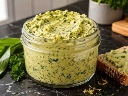 Selbstgemachte Bärlauchbutter mit frischen Kräutern auf einem Holzbrett