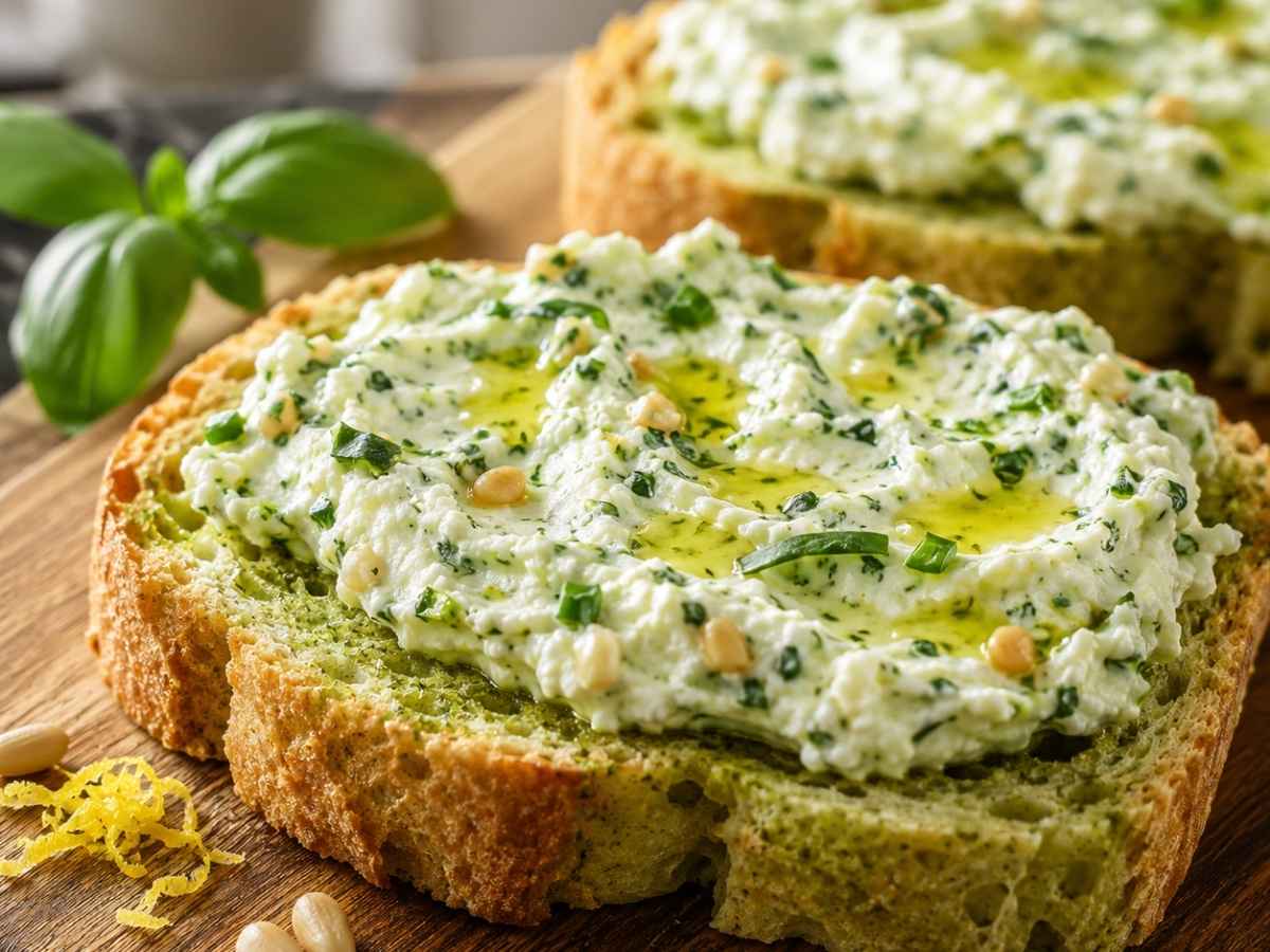 Nahaufnahme von Basilikum-Toast mit Kräuterfrischkäse und Zitronenöl, grün marmoriertes Brot sichtbar