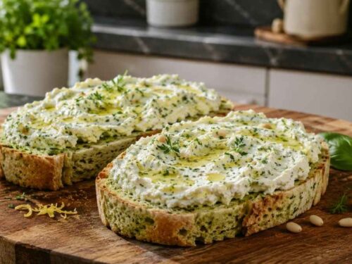 Basilikum-Toast mit Kräuterfrischkäse und Zitronenöl auf einer Servierplatte für die Gartenparty