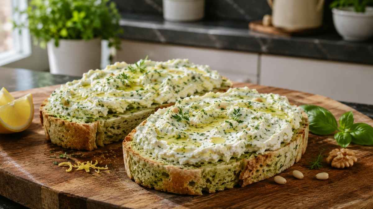 Basilikum-Toast mit Kräuterfrischkäse und Zitronenöl