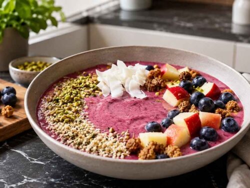 Zwei Schalen Beeren-Smoothie-Bowl mit Maulbeeren, Pistazien und Kokoschips auf dem Tisch
