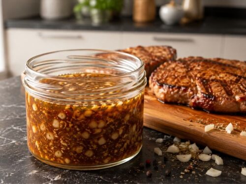 Nackensteaks mit Biermarinade auf dem Grill, Weitwinkelansicht