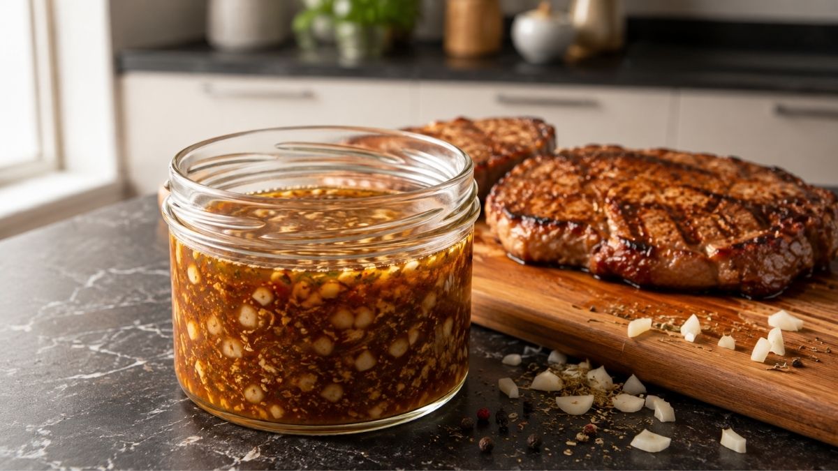 Nackensteaks mit Biermarinade auf dem Grill, Weitwinkelansicht
