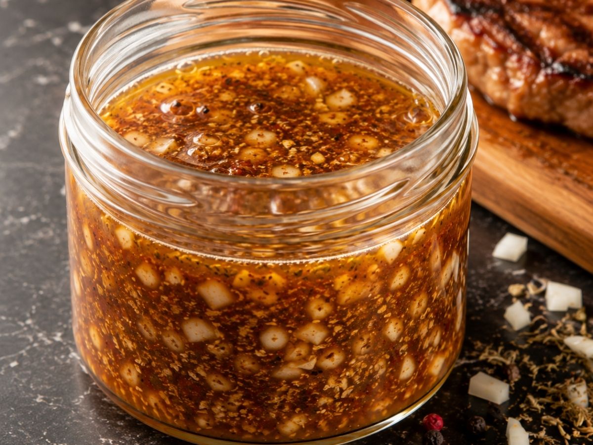 Nahaufnahme eines gegrillten Nackensteaks mit Biermarinade aus Chili und Zimt