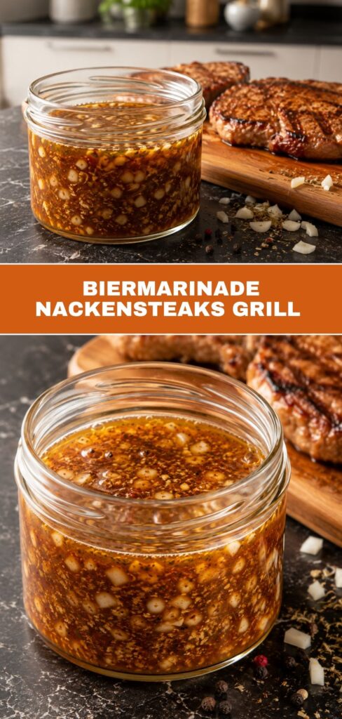Biermarinade zu Nackensteaks – würzig gegrilltes Fleisch mit Chili und Zimt, Pinterest-Grafik