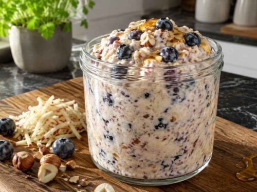 Bircher-Heidelbeer-Müsli mit geraspeltem Apfel, Joghurt, Heidelbeeren und gerösteten Haselnüssen in einer Schüssel