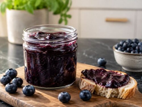 Selbstgemachte Blaubeerkonfitüre in drei Schraubgläsern, frisch abgefüllt auf einem Holztisch