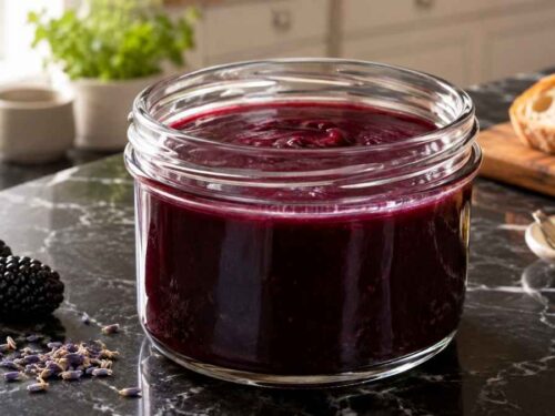 Fruchtige Brombeer-Lavendel-Vinaigrette wird über einen Feldsalat mit Ziegenkäse gegossen