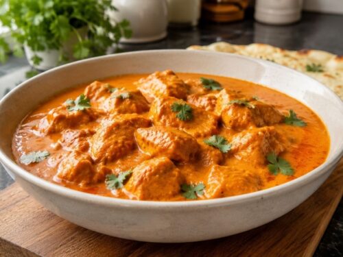 Nahaufnahme von Butter Chicken, die cremige Sauce und das zarte Hähnchen gut sichtbar