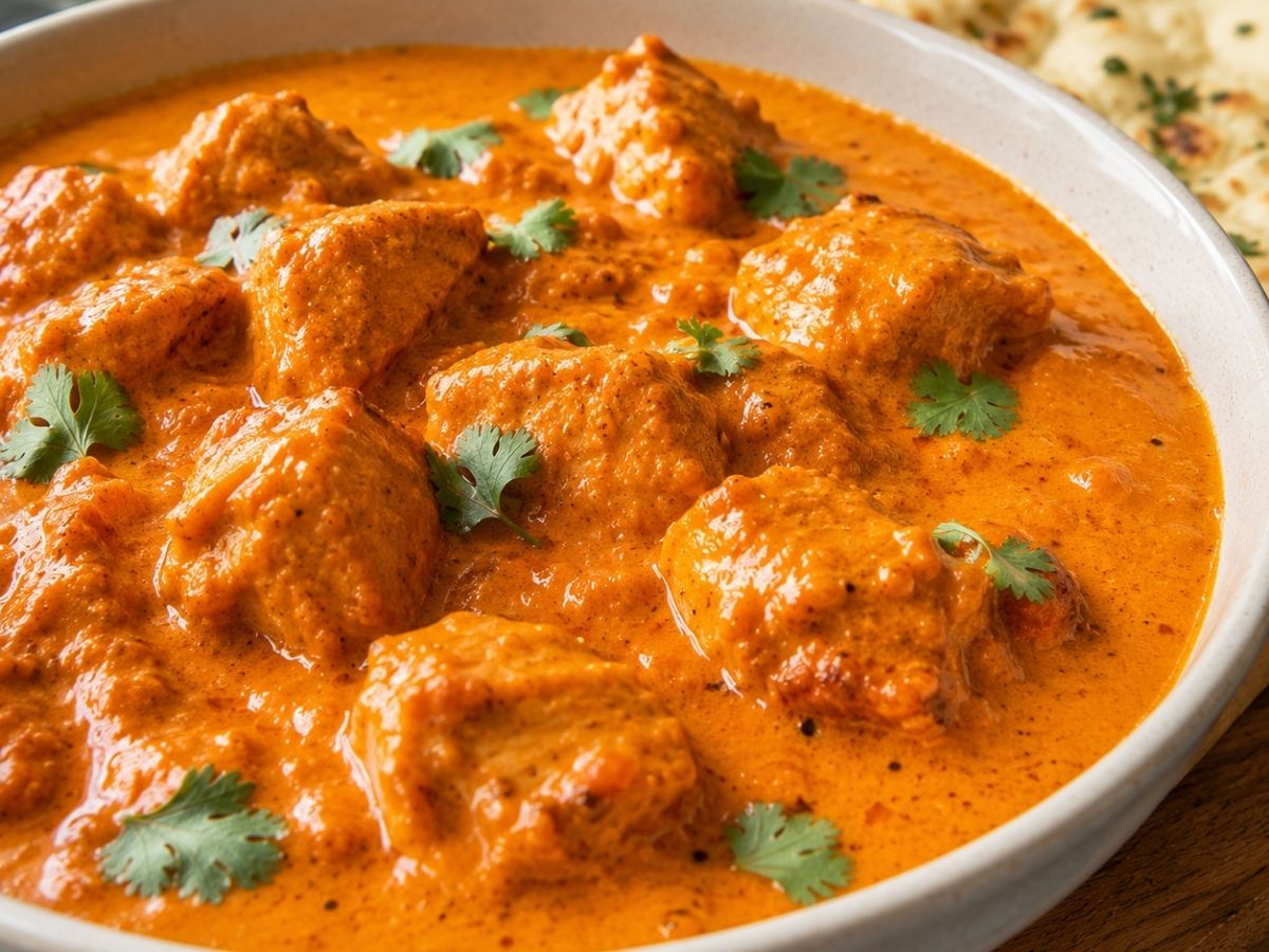 Nahaufnahme von Butter Chicken, die cremige Sauce und das zarte Hähnchen gut sichtbar