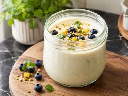 Zwei Schalen Buttermilch-Kaltschale mit Mango, Heidelbeeren und Kokosraspeln
