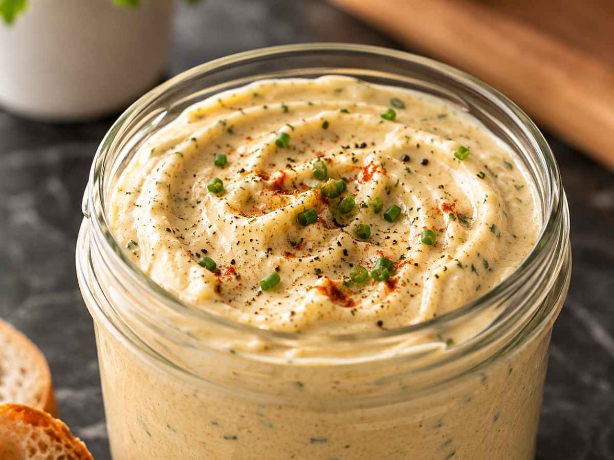 Nahaufnahme des cremigen Camembert-Bier-Dips mit Schnittlauch