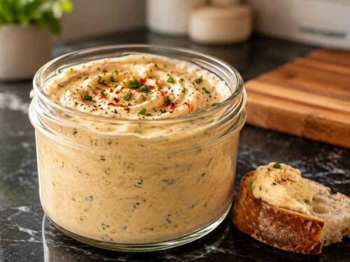 Cremiger Camembert-Bier-Dip in einer Schüssel mit Baguette und Brezeln
