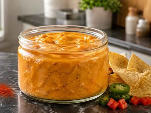 Cremiger Chili-Cheese-Dip in einer Schale, umgeben von Tortilla-Chips