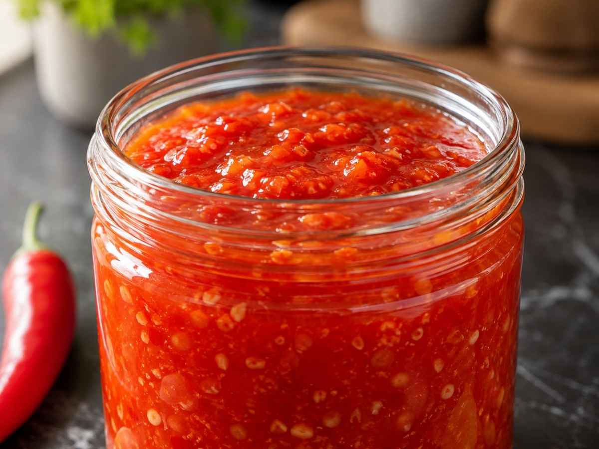 Nahaufnahme der süß-scharfen Chilisauce auf einem Löffel, leicht eingedickt und glänzend