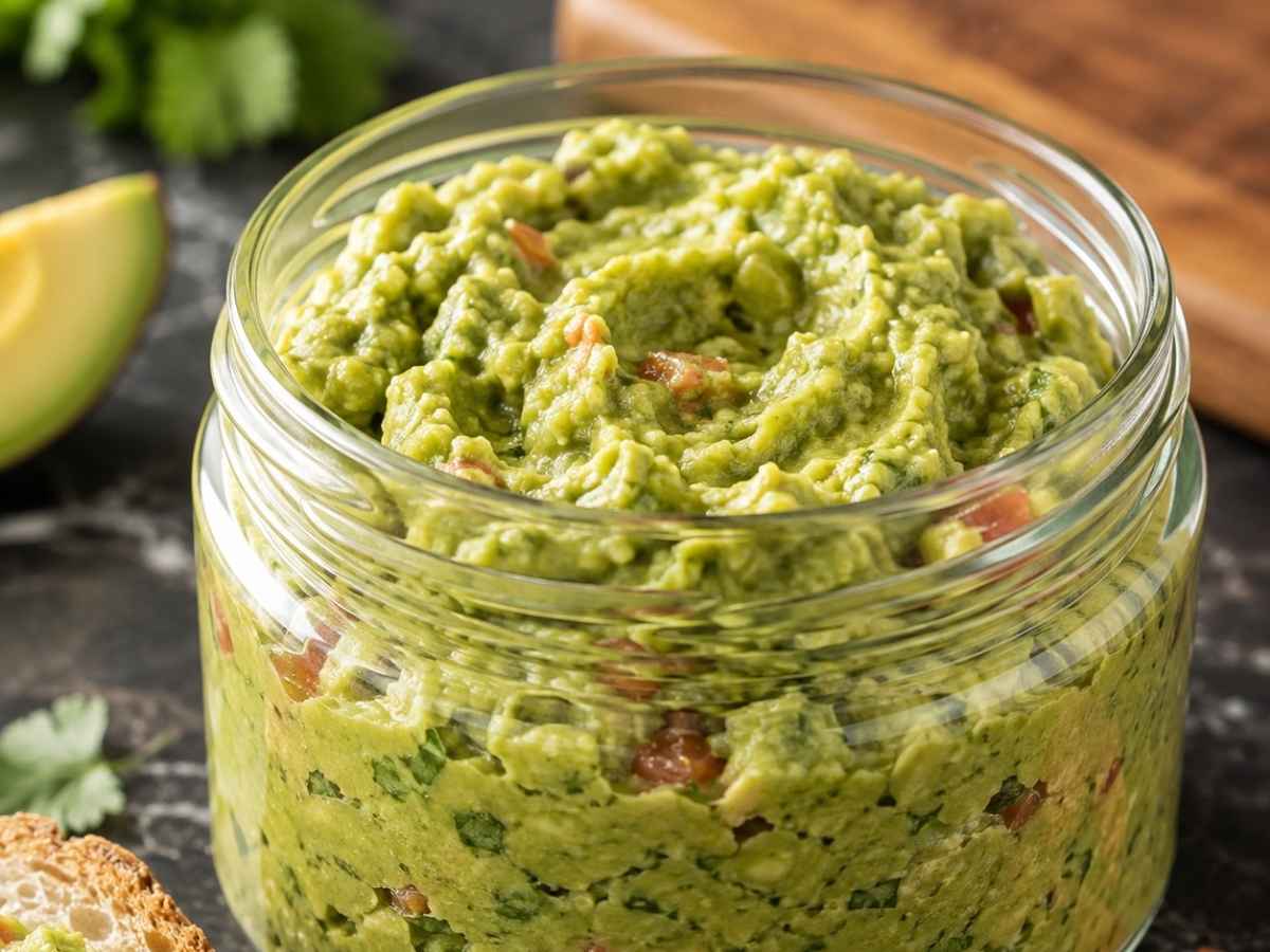 Nahaufnahme von cremiger Guacamole mit sichtbaren Avocado- und Tomatenstückchen