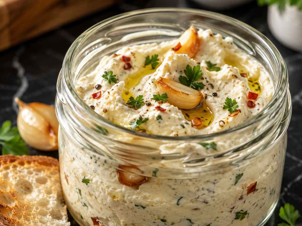 Nahaufnahme von cremigem Knoblauch-Feta-Dip mit Chiliflocken und Petersilie