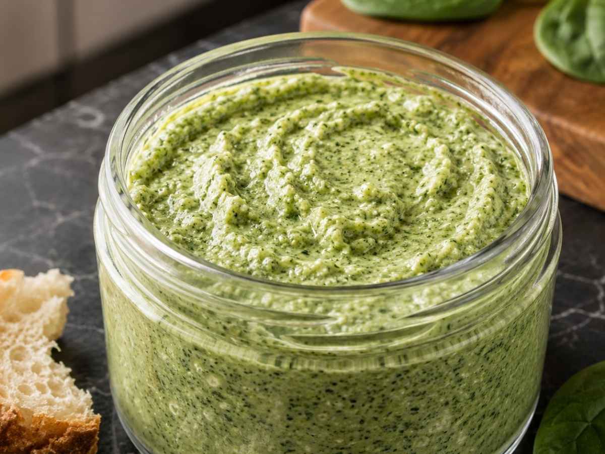 Nahaufnahme der cremigen Textur von Spinat-Dip mit Feta mit sichtbaren Feta-Stückchen