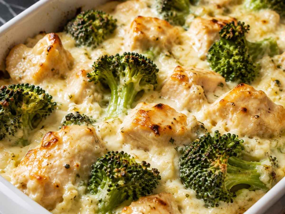 Nahaufnahme vom Low-Carb Brokkoli-Auflauf mit Hähnchen, Käsesoße und Brokkoliröschen