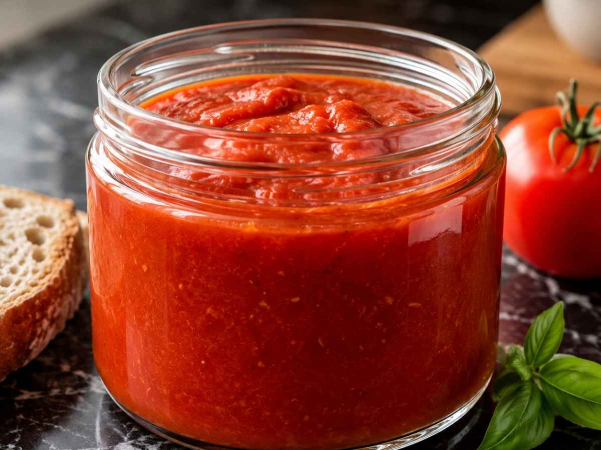 Nahaufnahme der cremigen Tomatensauce mit sichtbarem Crème-fraîche-Klecks