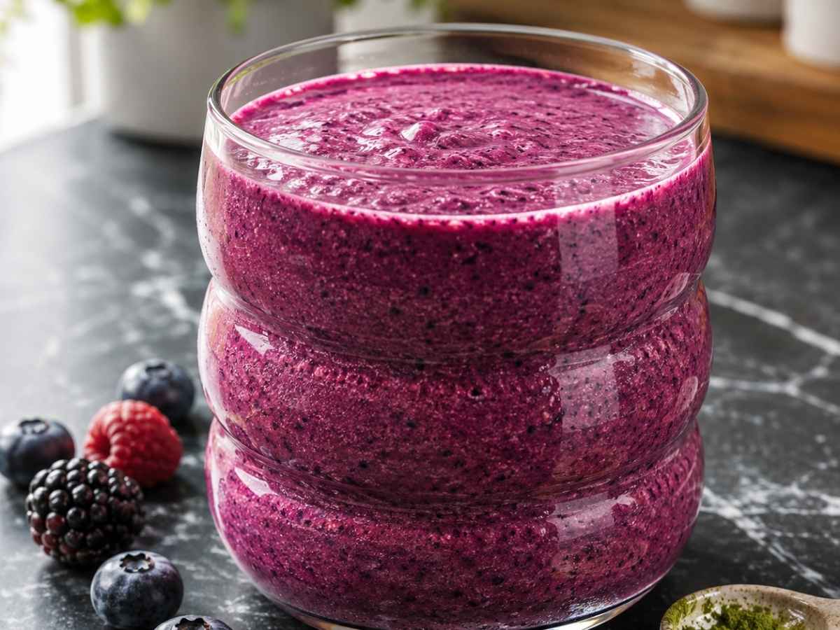 Nahaufnahme eines Matcha-Beeren-Smoothies mit Chiasamen und Beerenstückchen an der Glaswand