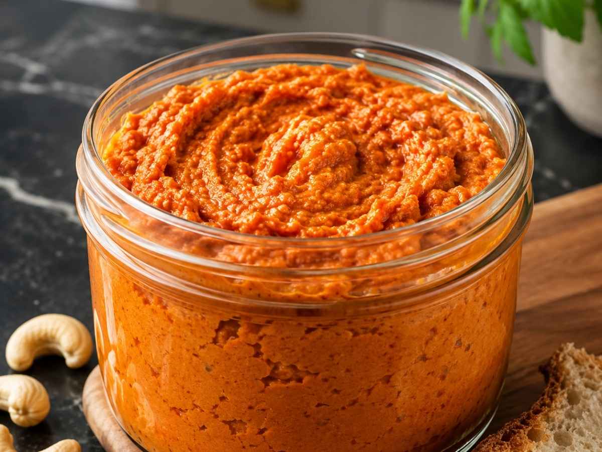 Nahaufnahme von cremigem veganem Paprika-Cashew-Dip mit sichtbaren Paprikastückchen
