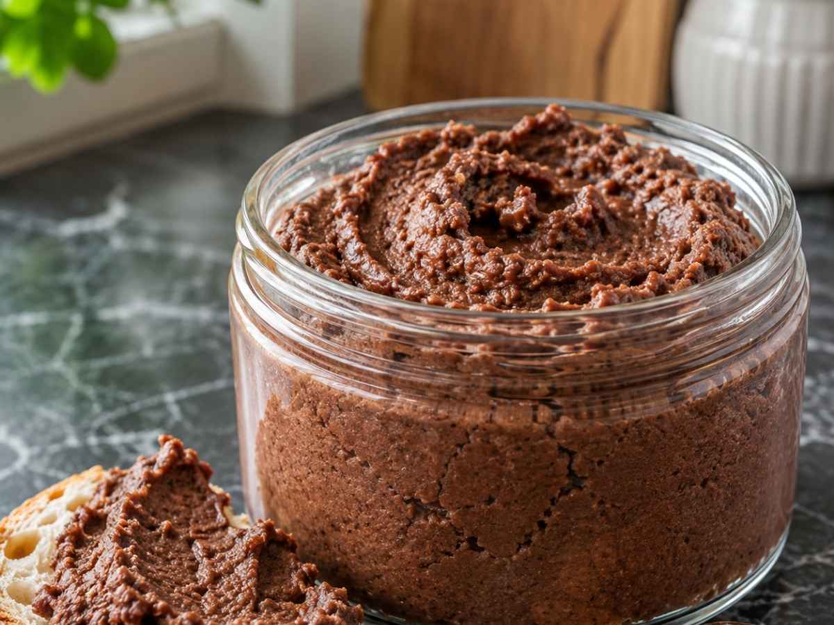 Nahaufnahme von cremigem Schoko-Hummus mit Kakaopulver bestäubt