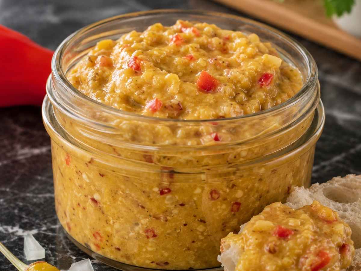 Nahaufnahme von würzigem Zwiebel-Paprika-Senf mit sichtbaren Paprika- und Zwiebelstückchen