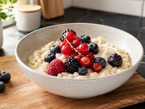 Cremiges Apfel-Porridge in einer Schüssel, garniert mit frischen gemischten Beeren