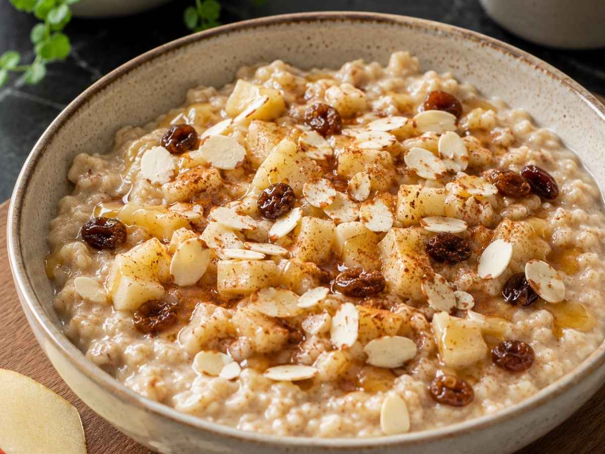 Nahaufnahme von Apfel-Zimt-Porridge mit sichtbaren Sultaninen, Mandelblättchen und Honig-Faden
