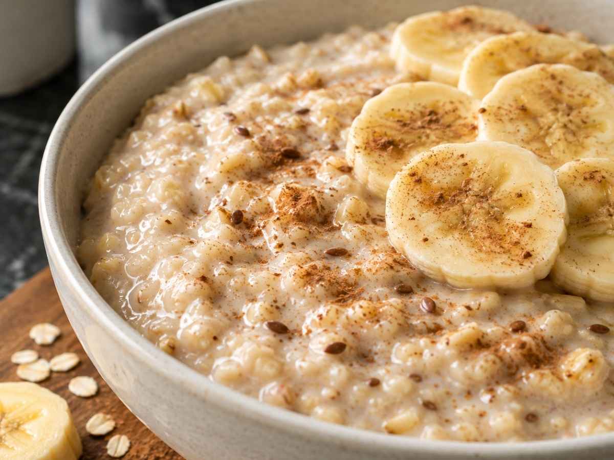 Nahaufnahme von cremigem Dschungel Porridge mit Zimt und Bananenscheiben