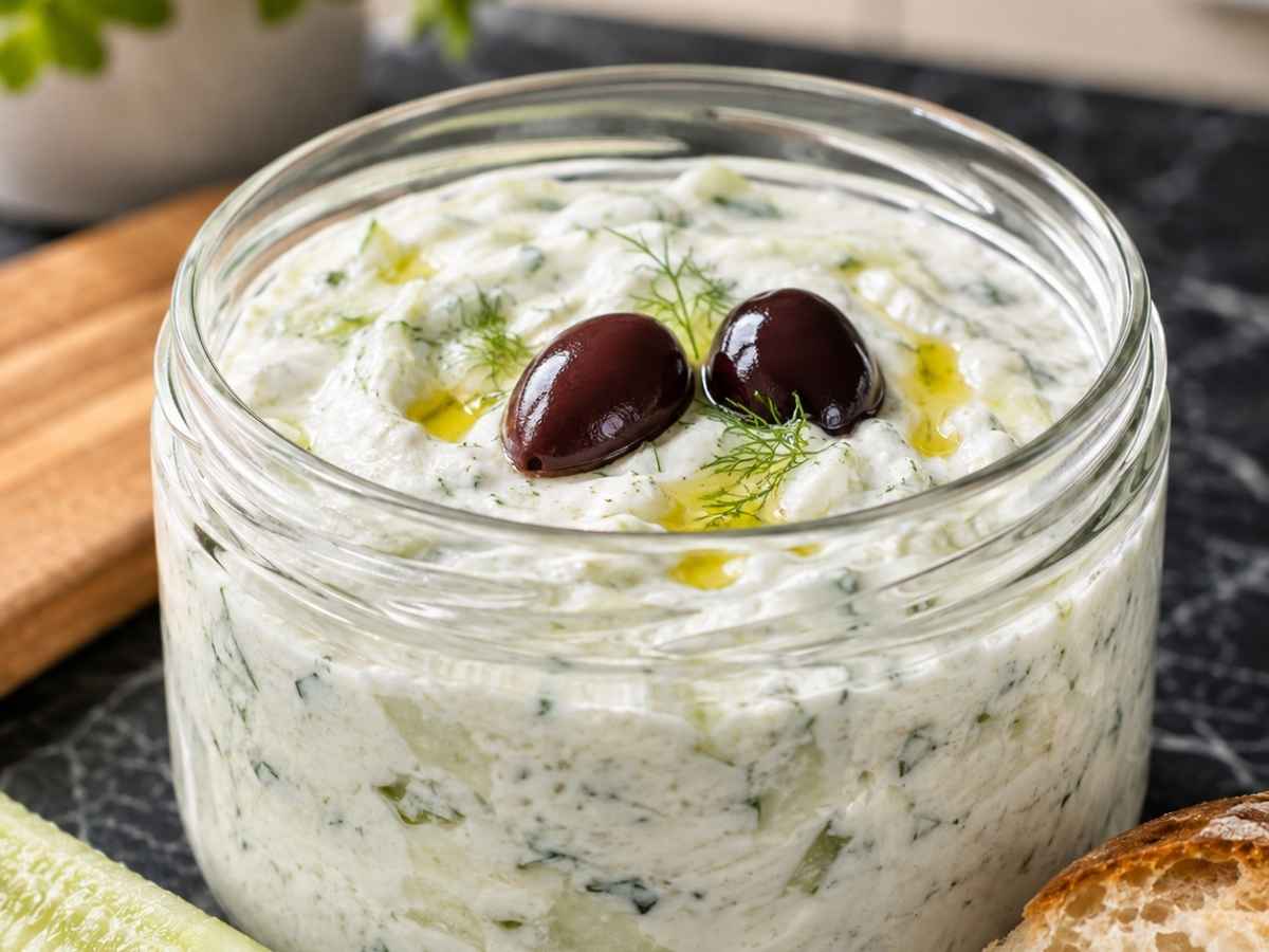 Nahaufnahme von cremigem Tzatziki mit Knoblauch und frischer Gurke