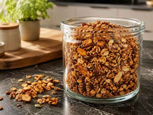 Dinkel-Knuspermüsli mit Mandeln und Kürbiskernen, knusprig gebacken auf einem Backblech